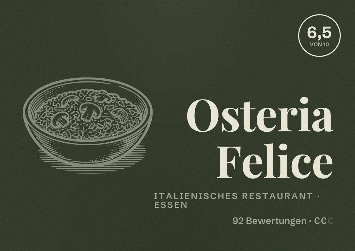 Illustriertes Poster von Osteria Felice, Italienisches Restaurant in Essen: Bewertung 6,5 von 10 aus 92 Bewertungen, Preisniveau €€