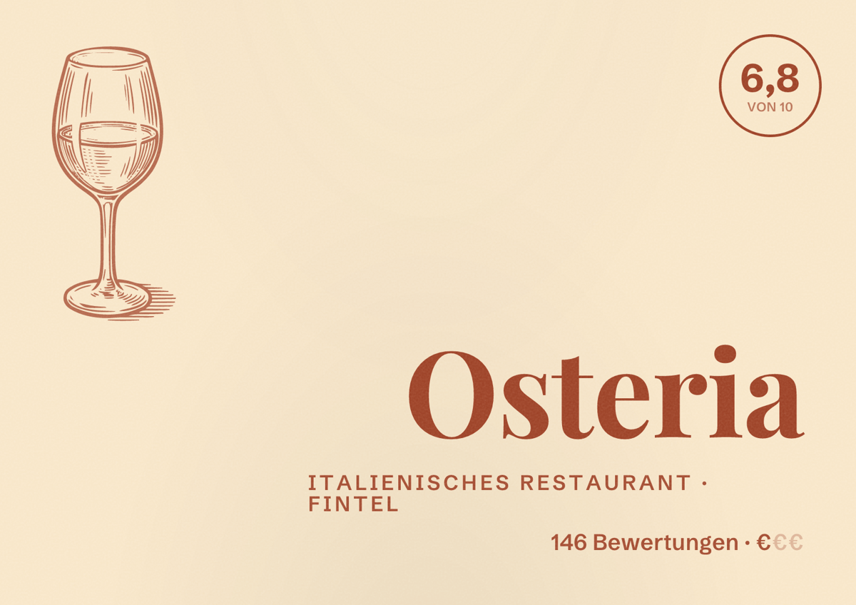 Illustriertes Poster von Osteria, Italienisches Restaurant in Fintel: Bewertung 6,8 von 10 aus 146 Bewertungen, Preisniveau €