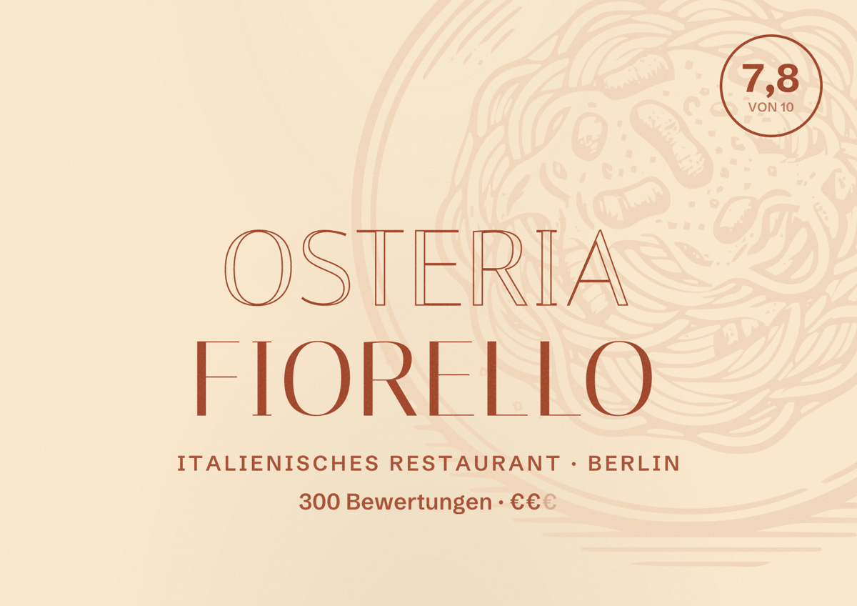 Illustriertes Poster von Osteria Fiorello, Italienisches Restaurant in Berlin: Bewertung 7,8 von 10 aus 300 Bewertungen, Preisniveau €€