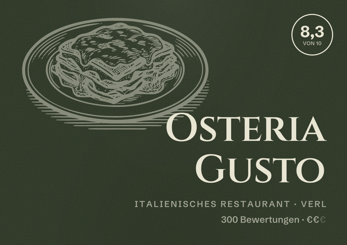 Illustriertes Poster von Osteria Gusto, Italienisches Restaurant in Verl: Bewertung 8,3 von 10 aus 300 Bewertungen, Preisniveau €€