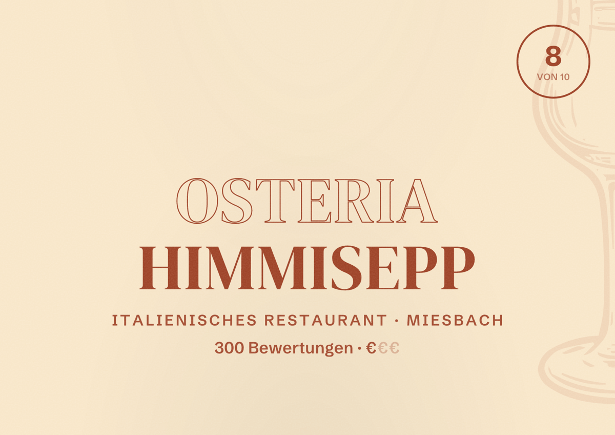 Illustriertes Poster von Osteria Himmisepp, Italienisches Restaurant in Miesbach: Bewertung 8 von 10 aus 300 Bewertungen, Preisniveau €