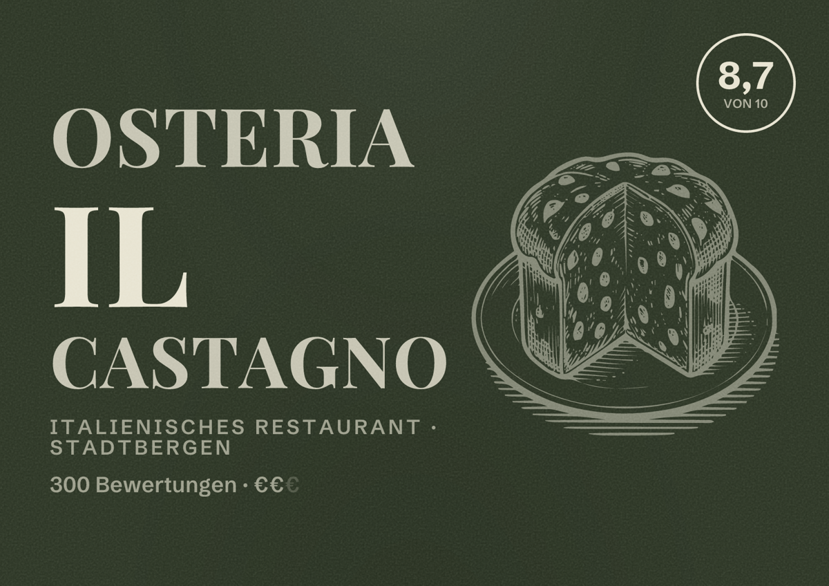 Illustriertes Poster von Osteria Il Castagno, Italienisches Restaurant in Stadtbergen: Bewertung 8,7 von 10 aus 300 Bewertungen, Preisniveau €€