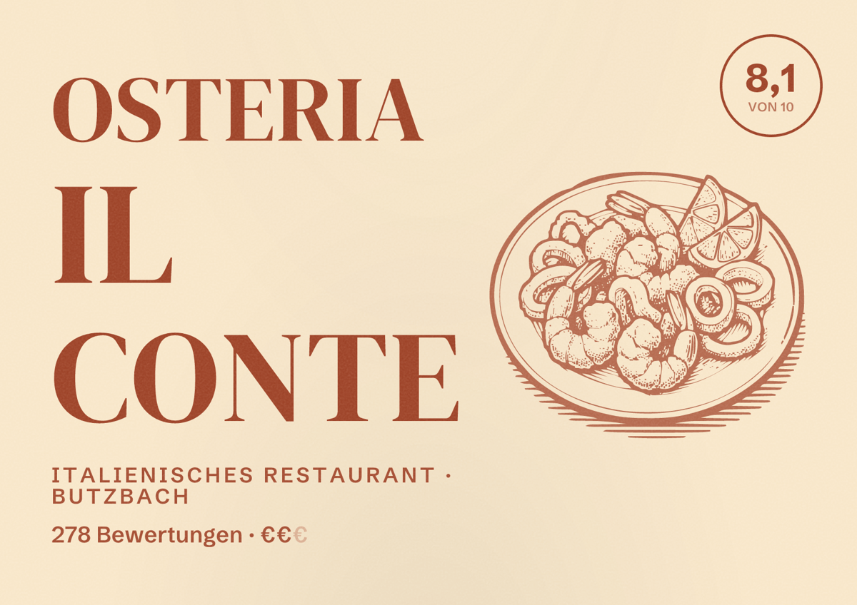 Illustriertes Poster von Osteria il Conte, Italienisches Restaurant in Butzbach: Bewertung 8,1 von 10 aus 278 Bewertungen, Preisniveau €€