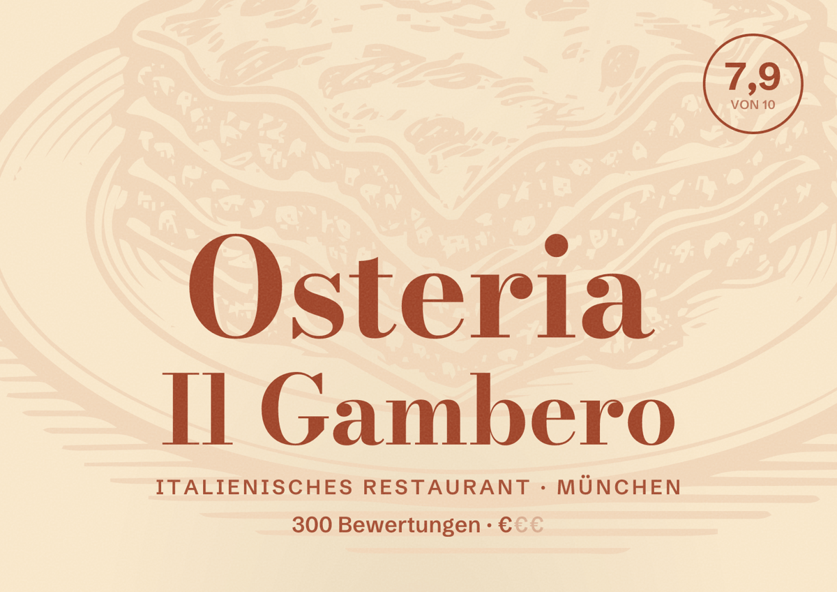 Illustriertes Poster von Osteria Il Gambero, Italienisches Restaurant in München: Bewertung 7,9 von 10 aus 300 Bewertungen, Preisniveau €