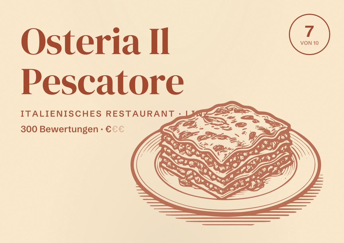 Illustriertes Poster von Osteria Il Pescatore, Italienisches Restaurant in Linz: Bewertung 7 von 10 aus 300 Bewertungen, Preisniveau €