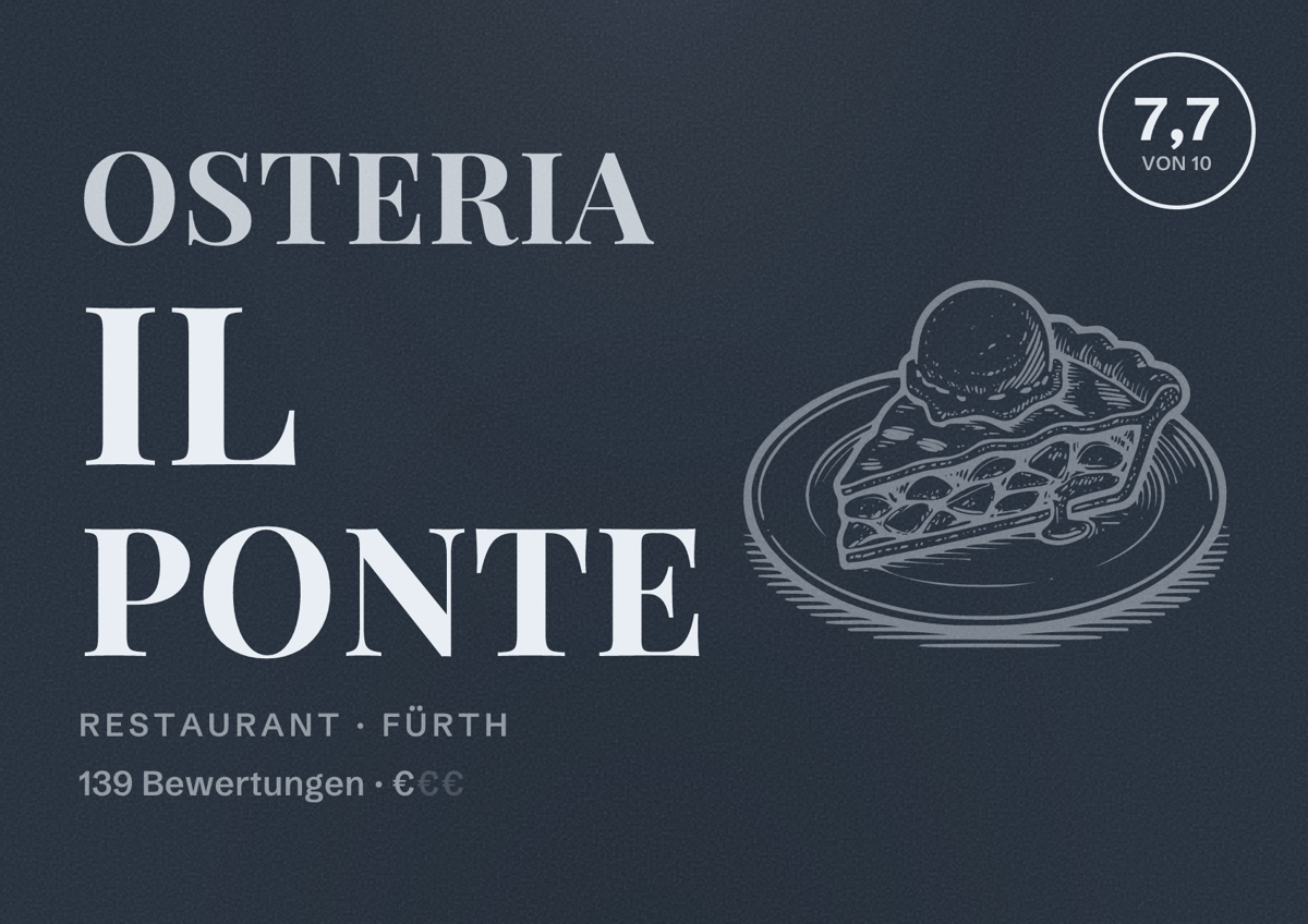 Illustriertes Poster von OSTERIA IL PONTE, Restaurant in Fürth: Bewertung 7,7 von 10 aus 139 Bewertungen, Preisniveau €