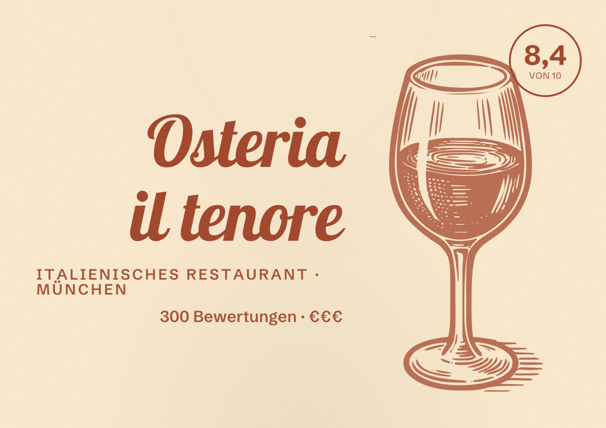 Illustriertes Poster von Osteria il tenore, Italienisches Restaurant in München: Bewertung 8,4 von 10 aus 300 Bewertungen, Preisniveau €€€