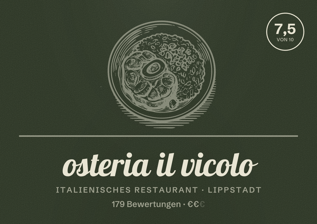 Illustriertes Poster von osteria il vicolo, Italienisches Restaurant in Lippstadt: Bewertung 7,5 von 10 aus 179 Bewertungen, Preisniveau €€