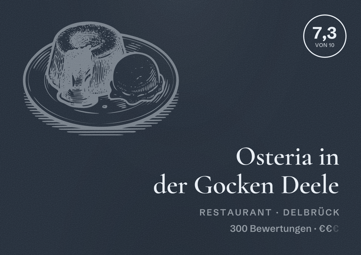 Illustriertes Poster von Osteria in der Gocken Deele, Restaurant in Delbrück: Bewertung 7,3 von 10 aus 300 Bewertungen, Preisniveau €€