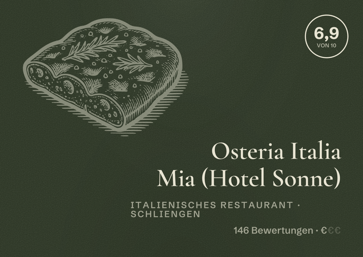 Illustriertes Poster von Osteria Italia Mia (Hotel Sonne), Italienisches Restaurant in Schliengen: Bewertung 6,9 von 10 aus 146 Bewertungen, Preisniveau €