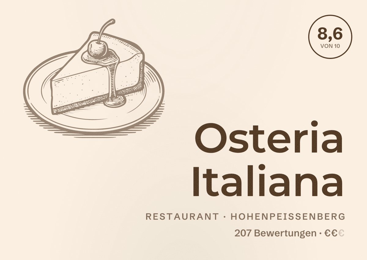 Illustriertes Poster von Osteria Italiana, Restaurant in Hohenpeißenberg: Bewertung 8,6 von 10 aus 207 Bewertungen, Preisniveau €€