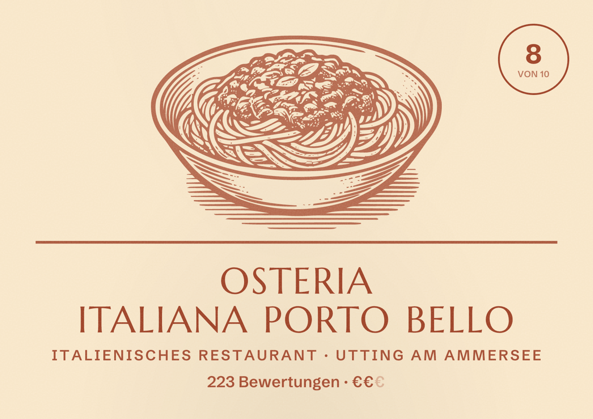 Illustriertes Poster von Osteria italiana Porto Bello, Italienisches Restaurant in Utting am Ammersee: Bewertung 8 von 10 aus 223 Bewertungen, Preisniveau €€