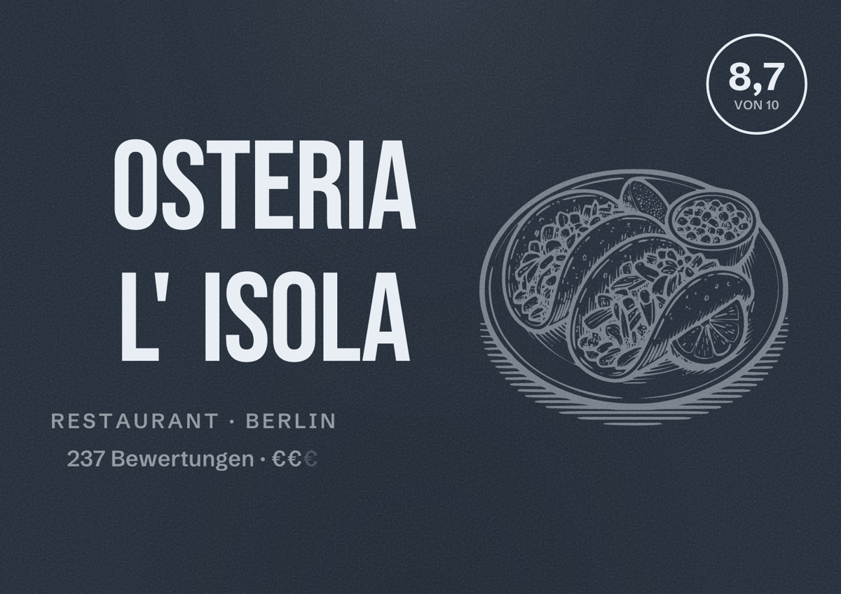 Illustriertes Poster von Osteria L' Isola, Restaurant in Berlin: Bewertung 8,7 von 10 aus 237 Bewertungen, Preisniveau €€