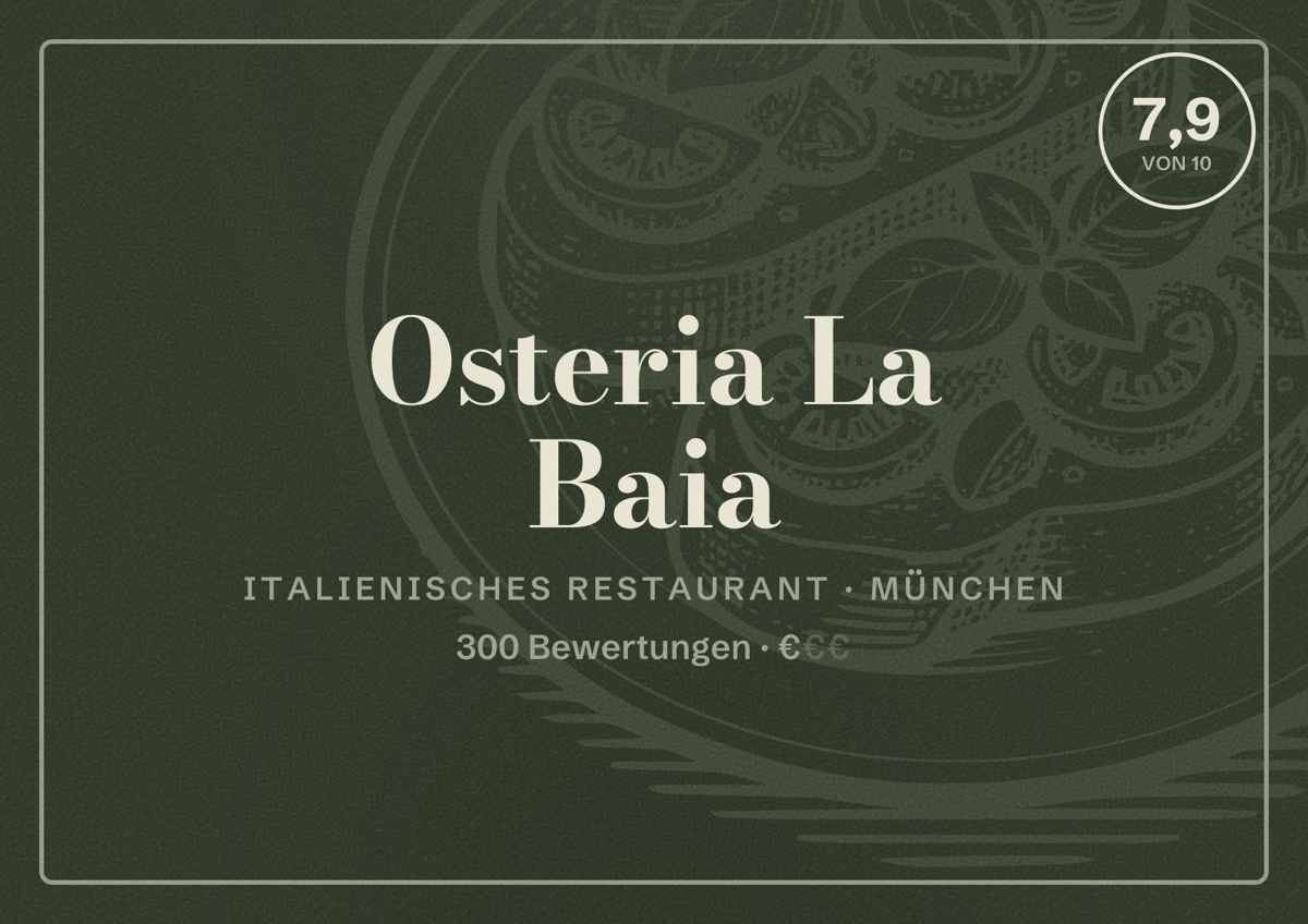 Illustriertes Poster von Osteria La Baia, Italienisches Restaurant in München: Bewertung 7,9 von 10 aus 300 Bewertungen, Preisniveau €