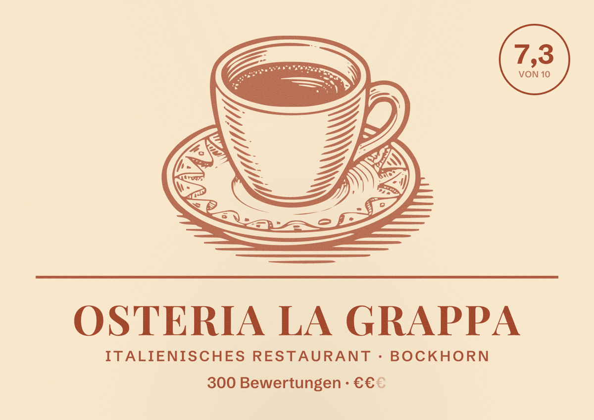 Illustriertes Poster von Osteria La Grappa, Italienisches Restaurant in Bockhorn: Bewertung 7,3 von 10 aus 300 Bewertungen, Preisniveau €€
