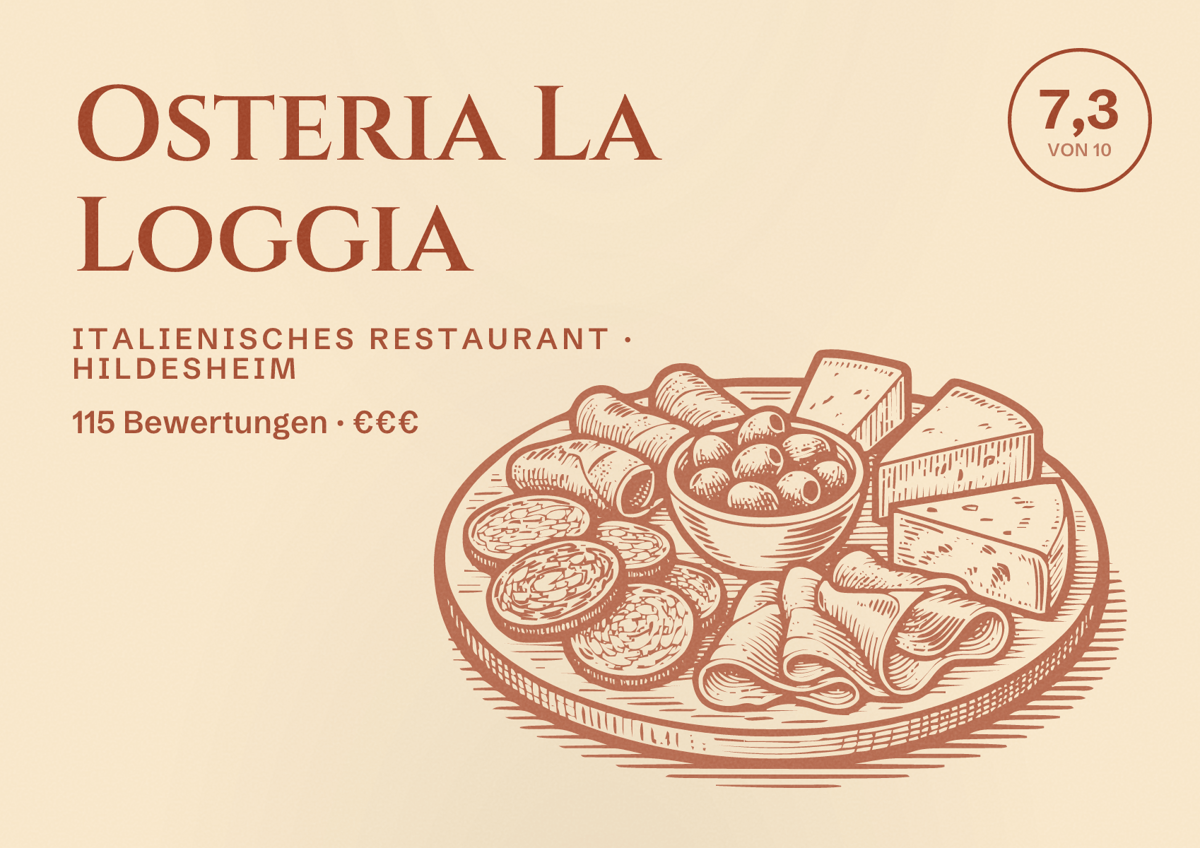 Illustriertes Poster von Osteria La Loggia, Italienisches Restaurant in Hildesheim: Bewertung 7,3 von 10 aus 115 Bewertungen, Preisniveau €€€