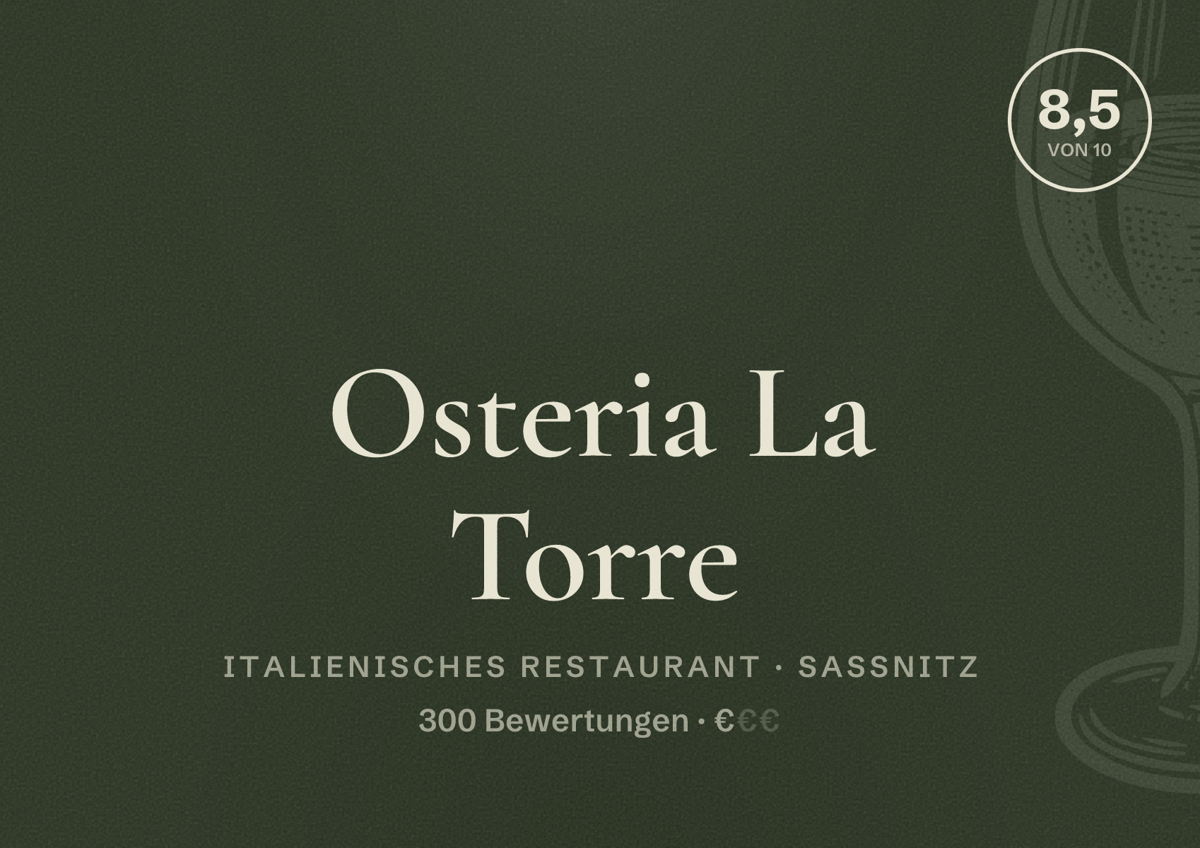 Illustriertes Poster von Osteria La Torre, Italienisches Restaurant in Sassnitz: Bewertung 8,5 von 10 aus 300 Bewertungen, Preisniveau €