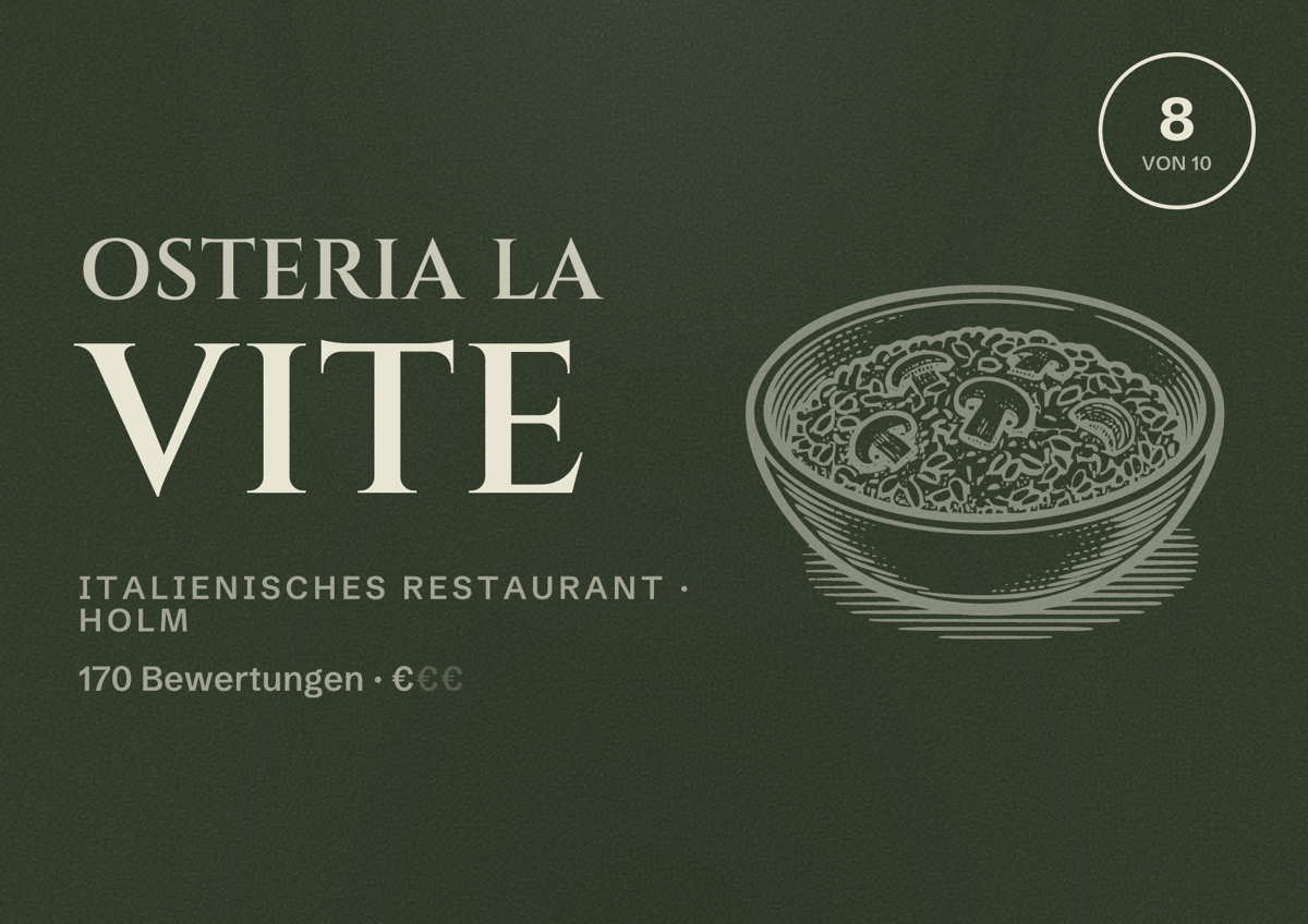 Illustriertes Poster von Osteria La Vite, Italienisches Restaurant in Holm: Bewertung 8 von 10 aus 170 Bewertungen, Preisniveau €