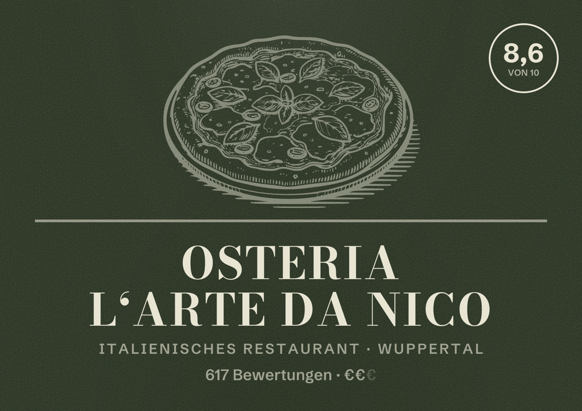 Illustriertes Poster von Osteria L‘arte da Nico, Italienisches Restaurant in Wuppertal: Bewertung 8,6 von 10 aus 617 Bewertungen, Preisniveau €€