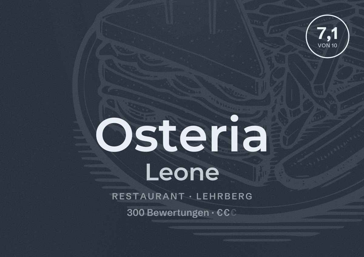 Illustriertes Poster von Osteria Leone, Restaurant in Lehrberg: Bewertung 7,1 von 10 aus 300 Bewertungen, Preisniveau €€