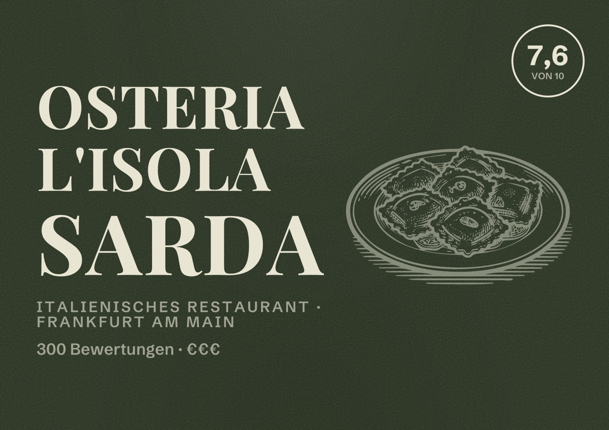 Illustriertes Poster von Osteria L'isola Sarda, Italienisches Restaurant in Frankfurt am Main: Bewertung 7,6 von 10 aus 300 Bewertungen, Preisniveau €€€
