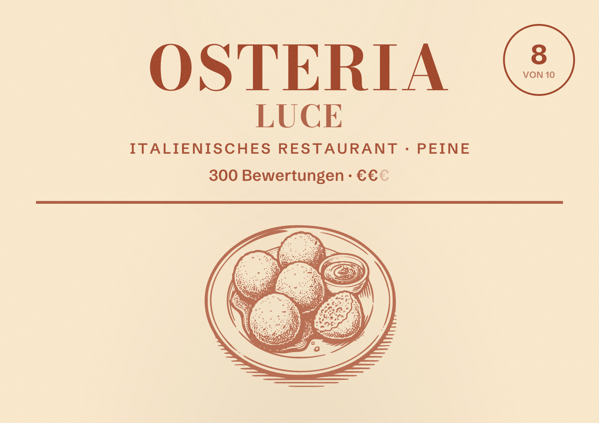 Illustriertes Poster von Osteria LuCe, Italienisches Restaurant in Peine: Bewertung 8 von 10 aus 300 Bewertungen, Preisniveau €€
