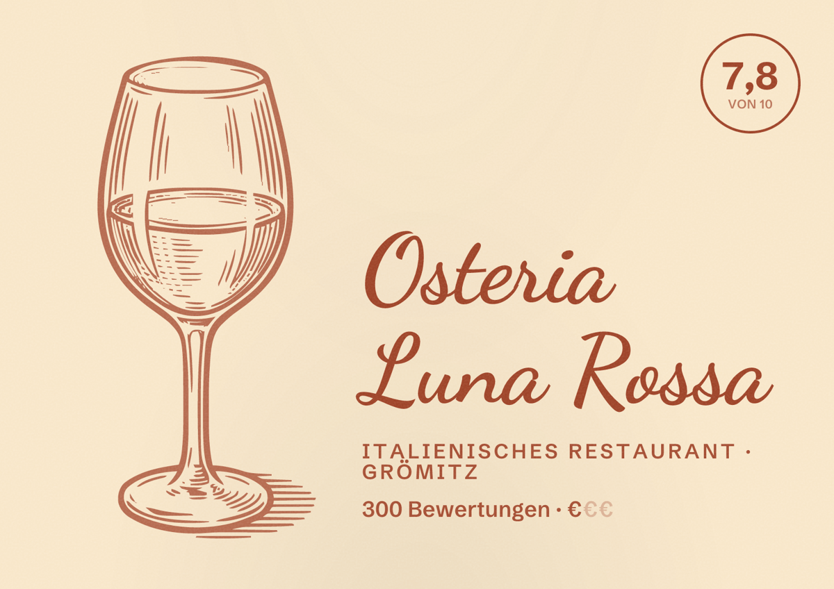 Illustriertes Poster von Osteria Luna Rossa, Italienisches Restaurant in Grömitz: Bewertung 7,8 von 10 aus 300 Bewertungen, Preisniveau €