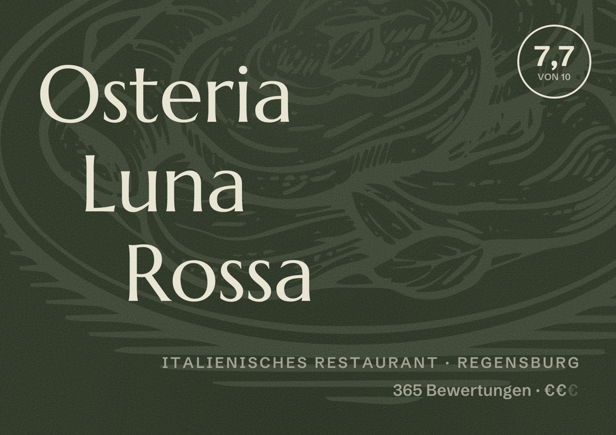 Illustriertes Poster von Osteria Luna Rossa, Italienisches Restaurant in Regensburg: Bewertung 7,7 von 10 aus 365 Bewertungen, Preisniveau €€