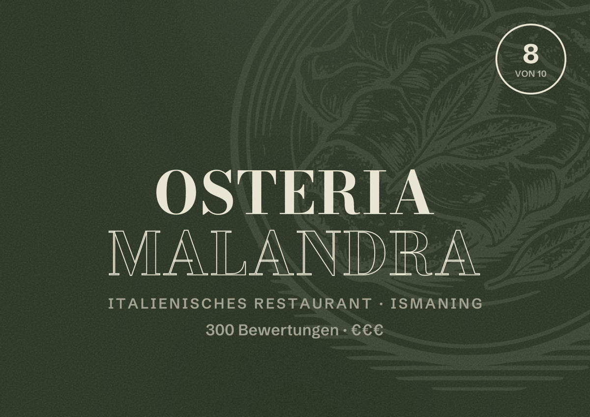 Illustriertes Poster von Osteria Malandra, Italienisches Restaurant in Ismaning: Bewertung 8 von 10 aus 300 Bewertungen, Preisniveau €€€