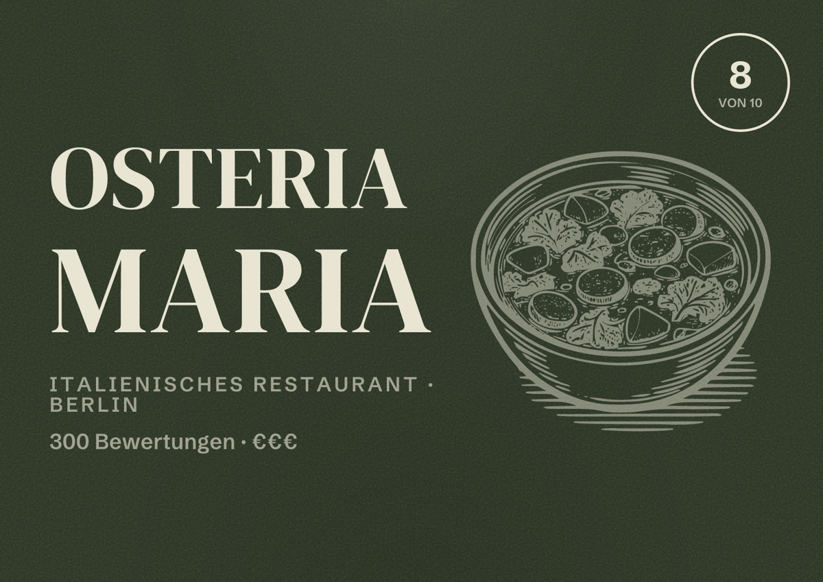 Illustriertes Poster von Osteria Maria, Italienisches Restaurant in Berlin: Bewertung 8,0 von 10 aus 300 Bewertungen, Preisniveau €€€