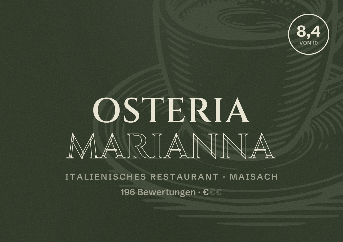 Illustriertes Poster von Osteria Marianna, Italienisches Restaurant in Maisach: Bewertung 8,4 von 10 aus 196 Bewertungen, Preisniveau €