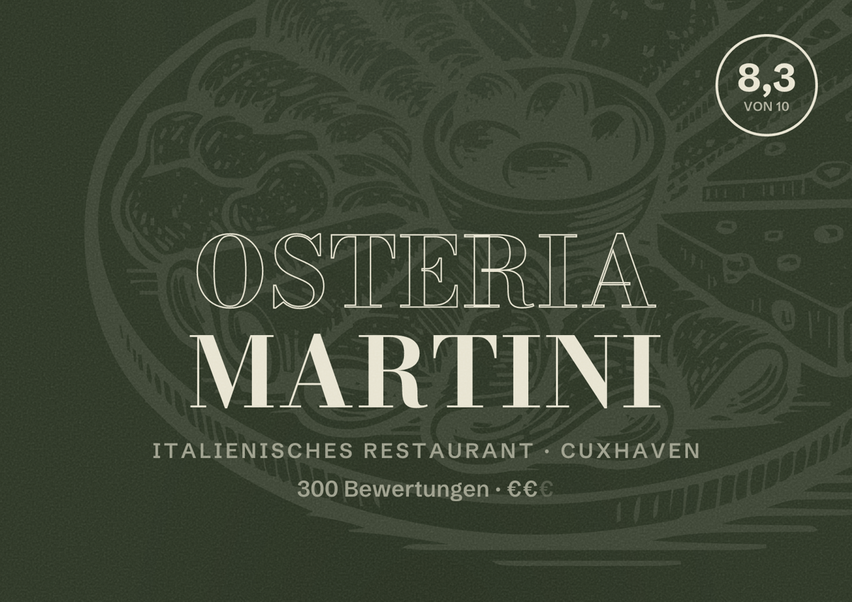 Illustriertes Poster von Osteria Martini, Italienisches Restaurant in Cuxhaven: Bewertung 8,3 von 10 aus 300 Bewertungen, Preisniveau €€
