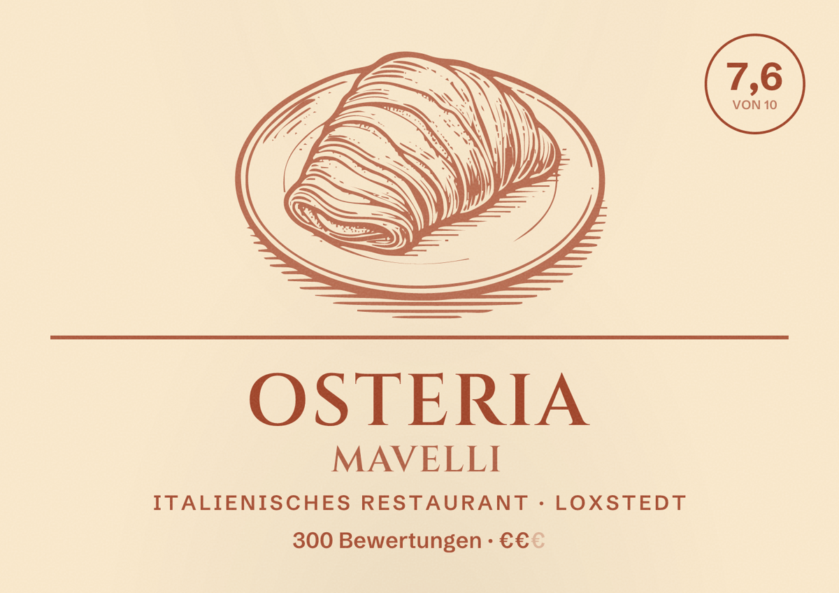 Illustriertes Poster von Osteria Mavelli, Italienisches Restaurant in Loxstedt: Bewertung 7,6 von 10 aus 300 Bewertungen, Preisniveau €€