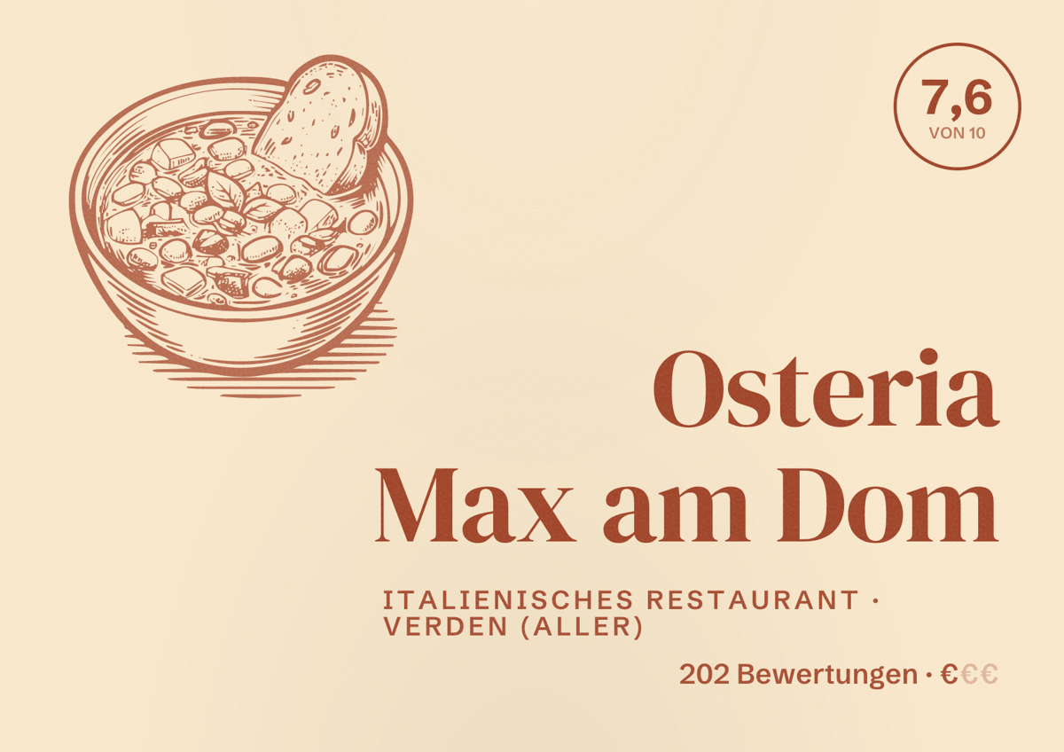 Illustriertes Poster von Osteria Max am Dom, Italienisches Restaurant in Verden (Aller): Bewertung 7,6 von 10 aus 202 Bewertungen, Preisniveau €