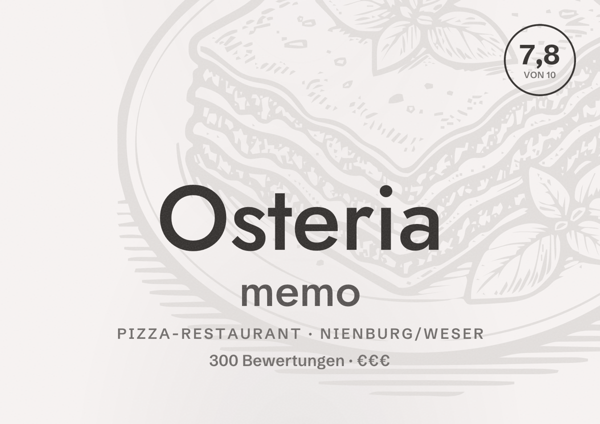 Illustriertes Poster von Osteria memo, Pizza-Restaurant in Nienburg/Weser: Bewertung 7,8 von 10 aus 300 Bewertungen, Preisniveau €€€