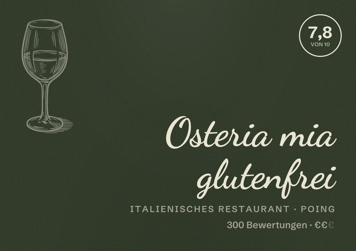 Illustriertes Poster von Osteria mia glutenfrei, Italienisches Restaurant in Poing: Bewertung 7,8 von 10 aus 300 Bewertungen, Preisniveau €€