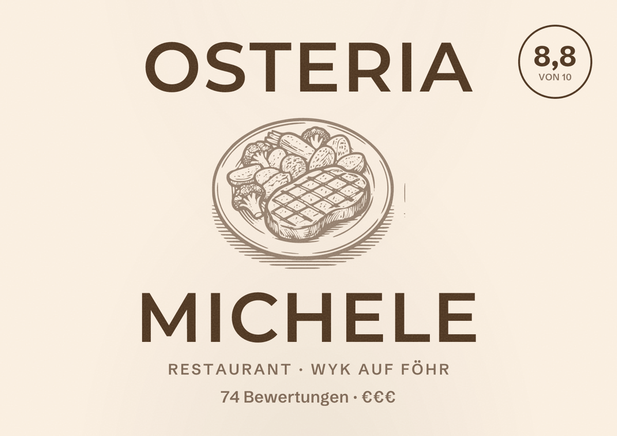 Illustriertes Poster von Osteria Michele, Restaurant in Wyk auf Föhr: Bewertung 8,8 von 10 aus 74 Bewertungen, Preisniveau €€€