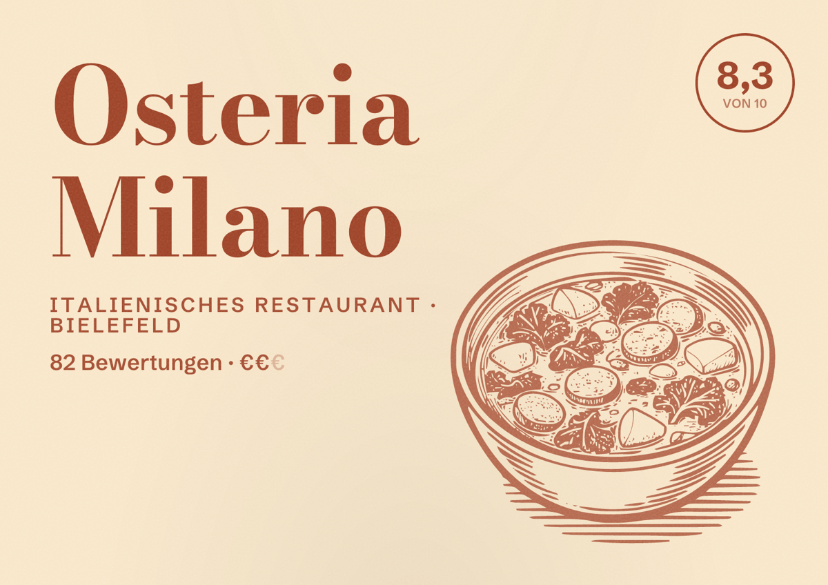 Illustriertes Poster von Osteria Milano, Italienisches Restaurant in Bielefeld: Bewertung 8,3 von 10 aus 82 Bewertungen, Preisniveau €€