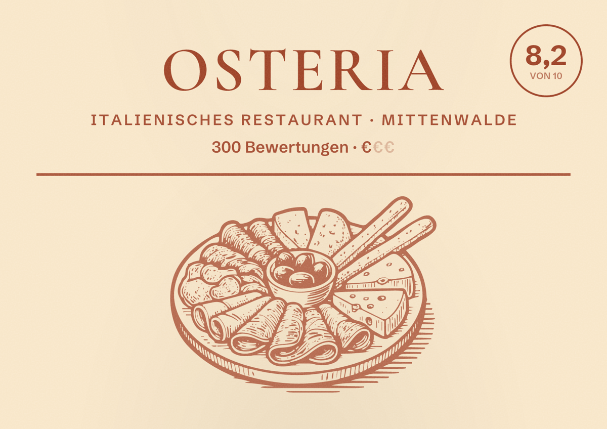 Illustriertes Poster von Osteria, Italienisches Restaurant in Mittenwalde: Bewertung 8,2 von 10 aus 300 Bewertungen, Preisniveau €