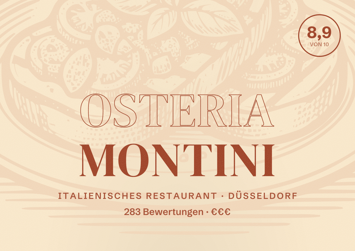 Illustriertes Poster von Osteria Montini, Italienisches Restaurant in Düsseldorf: Bewertung 8,9 von 10 aus 283 Bewertungen, Preisniveau €€€