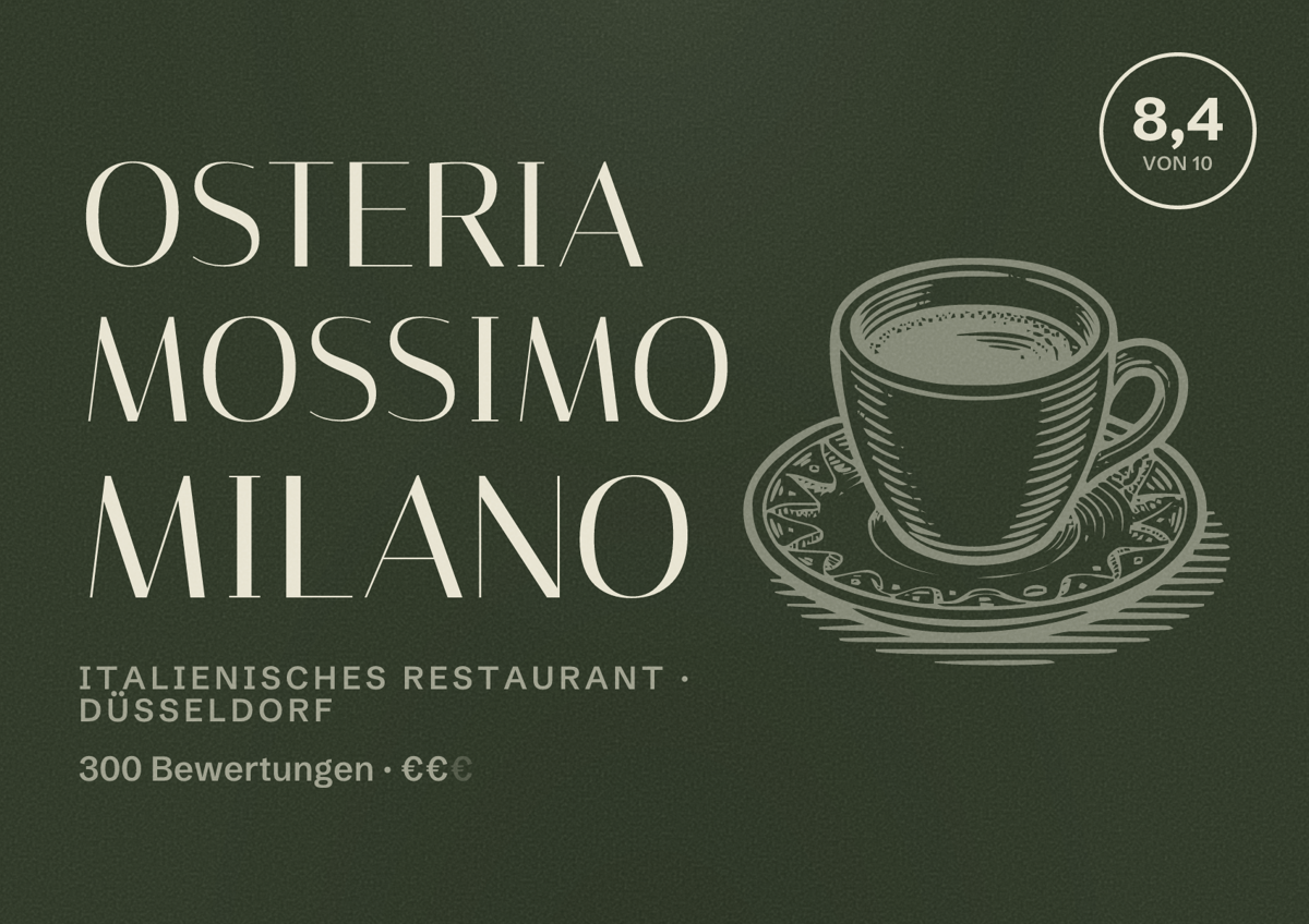 Illustriertes Poster von Osteria Mossimo Milano, Italienisches Restaurant in Düsseldorf: Bewertung 8,4 von 10 aus 300 Bewertungen, Preisniveau €€