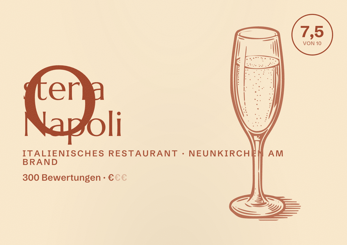 Illustriertes Poster von Osteria Napoli, Italienisches Restaurant in Neunkirchen am Brand: Bewertung 7,5 von 10 aus 300 Bewertungen, Preisniveau €