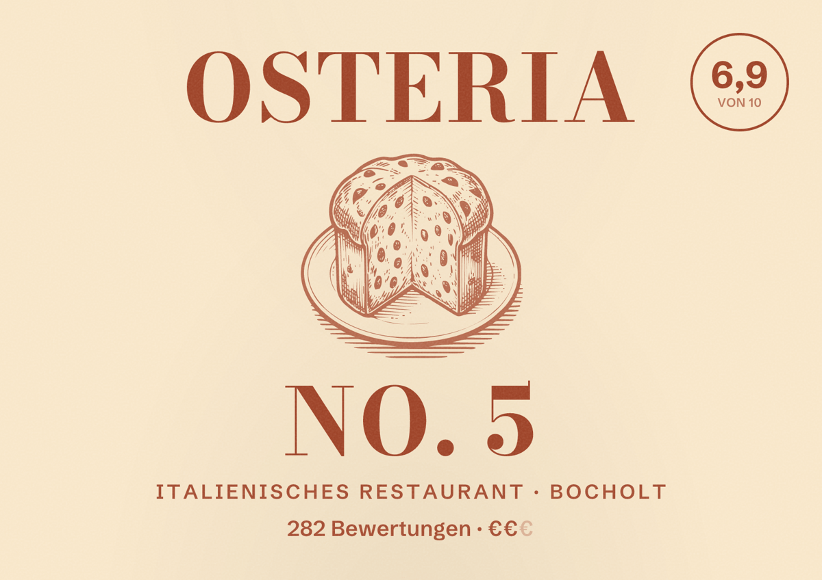 Illustriertes Poster von Osteria No. 5, Italienisches Restaurant in Bocholt: Bewertung 6,9 von 10 aus 282 Bewertungen, Preisniveau €€