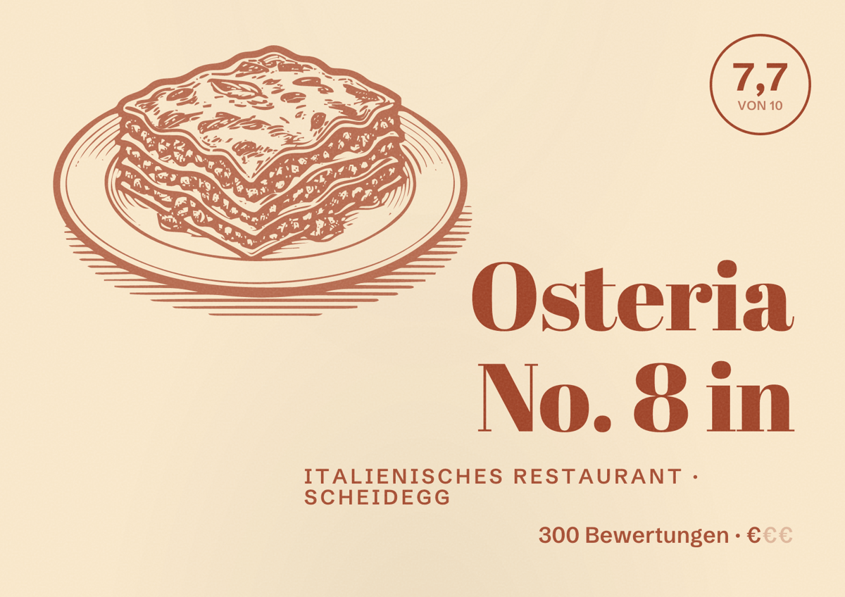 Illustriertes Poster von Osteria No. 8 in, Italienisches Restaurant in Scheidegg: Bewertung 7,7 von 10 aus 300 Bewertungen, Preisniveau €