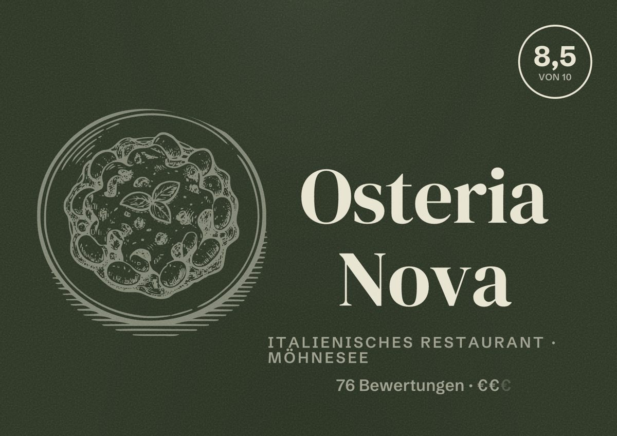 Illustriertes Poster von Osteria Nova, Italienisches Restaurant in Möhnesee: Bewertung 8,5 von 10 aus 76 Bewertungen, Preisniveau €€