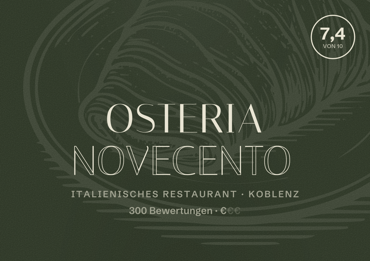 Illustriertes Poster von Osteria Novecento, Italienisches Restaurant in Koblenz: Bewertung 7,4 von 10 aus 300 Bewertungen, Preisniveau €