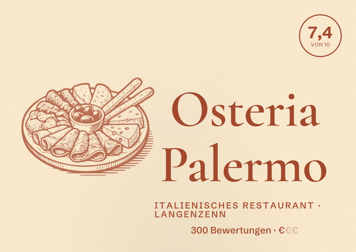Illustriertes Poster von Osteria Palermo, Italienisches Restaurant in Langenzenn: Bewertung 7,4 von 10 aus 300 Bewertungen, Preisniveau €