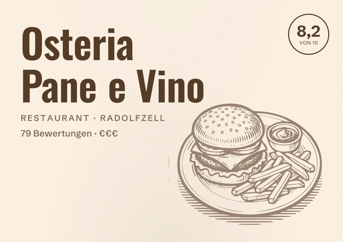 Illustriertes Poster von Osteria Pane e Vino, Restaurant in Radolfzell: Bewertung 8,2 von 10 aus 79 Bewertungen, Preisniveau €€€