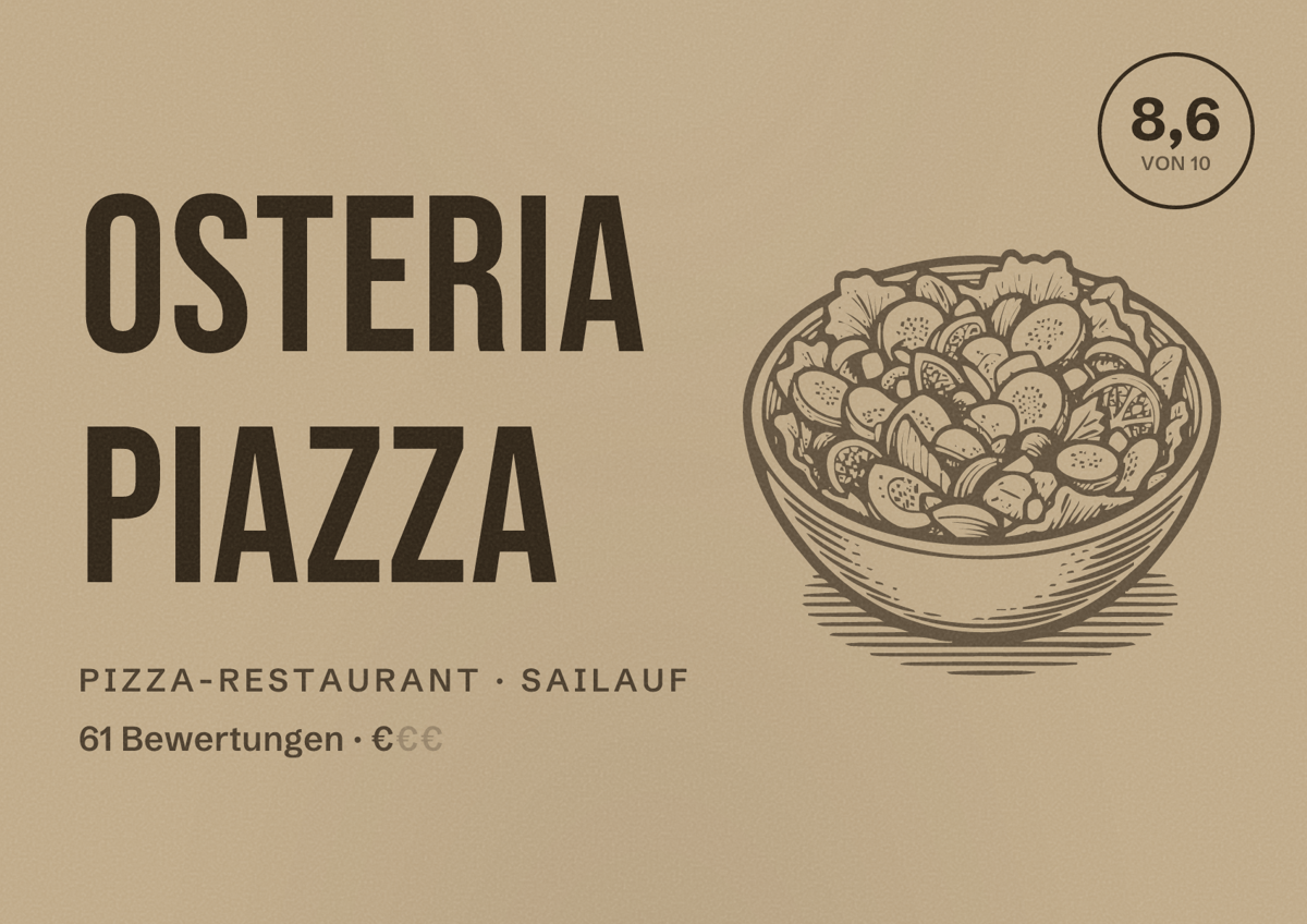 Illustriertes Poster von Osteria Piazza, Pizza-Restaurant in Sailauf: Bewertung 8,6 von 10 aus 61 Bewertungen, Preisniveau €