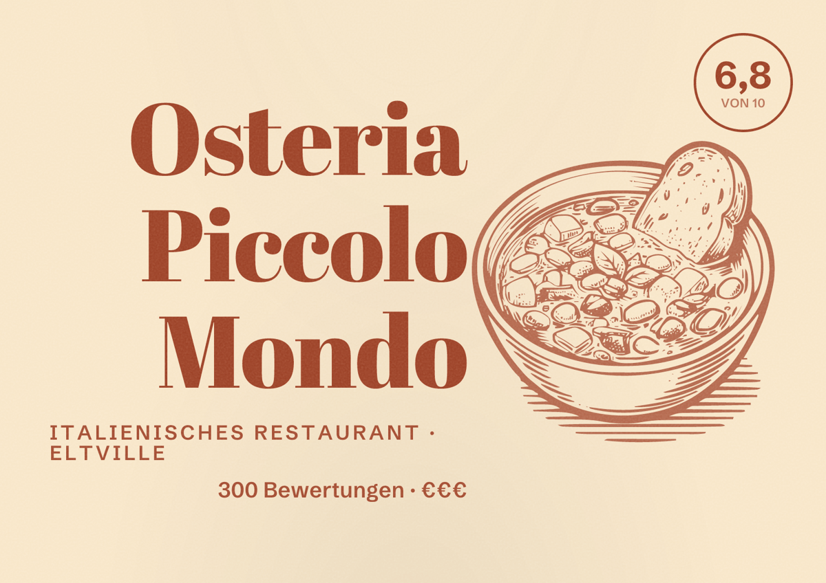 Illustriertes Poster von Osteria Piccolo Mondo, Italienisches Restaurant in Eltville: Bewertung 6,8 von 10 aus 300 Bewertungen, Preisniveau €€€